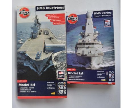 Two 1/350 scale modern British warship model kits from Airfix to include A50059 HMS Illustrious (sprues unbagged but checked 