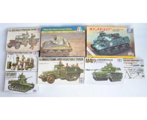 Eight unstarted 1/35 scale WWII US armour plastic model kits/sets from Tamiya and Italeri to include a Tamiya M3A2 Half Track