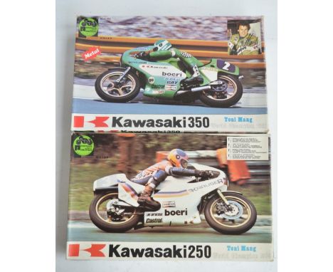 Two unbuilt 1/9 scale Kawasaki plastic motorbike model kits from Protar to include a 250 Toni Mang World Champion 1980 and 35