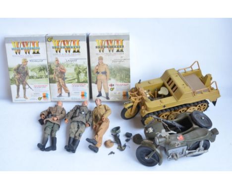 Three 1/6 scale German WWII action figures from Dragon with 3 boxes (please note 1 figure does not match box), a Cherilea mot