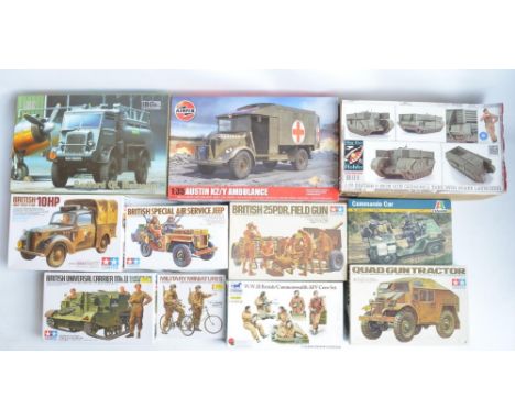 Eleven unstarted 1/35 scale WWII British armour plastic model kits/sets from Tamiya, Ding-Hao, Airfix, IBG, Bronco and Italer