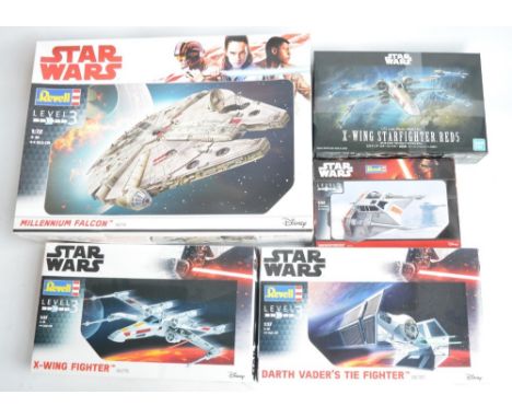 Five unbuilt Star Wars plastic model kits from Revell and Bandai, various scales to include highly detailed 1/72 Bandai 50615