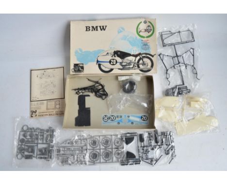 1/9 scale Moto BMW 500cc sidecar World Champion motorbike plastic model kit from Protar. Appears complete with all plastic sp