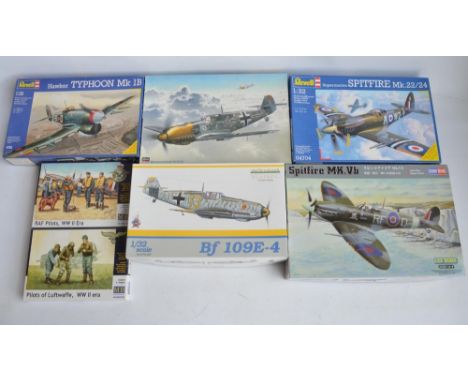 Collection of unbuilt 1/32 scale WWII era plastic model kits and figure sets to include Hobby Boss Spitfire Vb, Revell Spitfi
