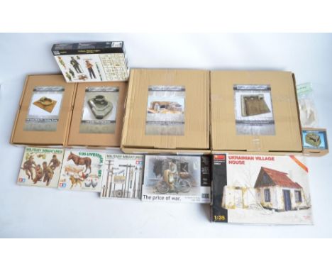 Collection of 1/35 scale WWII diorama accessories, figure sets and scenic settings to include plaster moulded Fields Of Glory