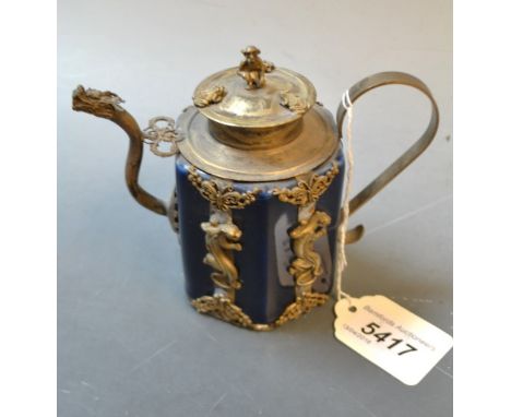A Chinese miniature silver coloured metal mounted tea or chai pot, blue glazed ceramic body, monkey finial surrounded by thre
