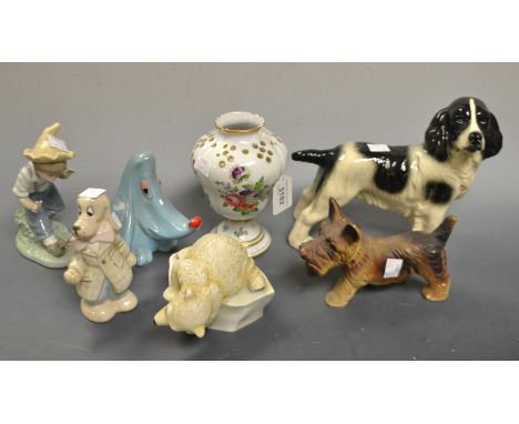 A Royal Dux model of a comical dog; a Nao model of a boy; a German porcelain lobed vase; other figures (7)