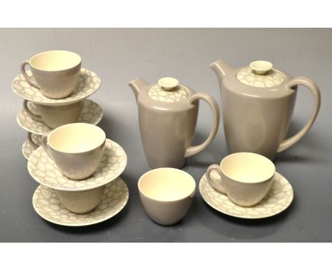 A Poole pottery Mustard coffee service for six, including coffee pot, cream jug, sugar bowl; etc.