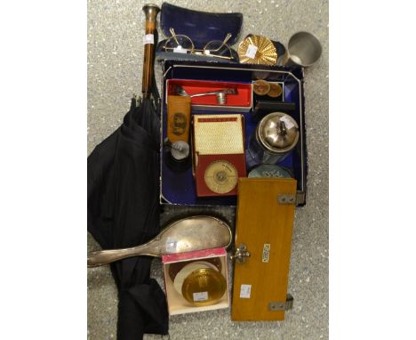 A silver backed hair brush; a miniature pewter flagon, hinged cover; a silver mounted umbrella by Kendall; a Stratton powder 