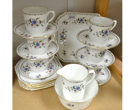 A Shelley Chelsea pattern tea service for six, comp six trios, milk jug and sugar bowl, and cake plate, printed marks, pat no