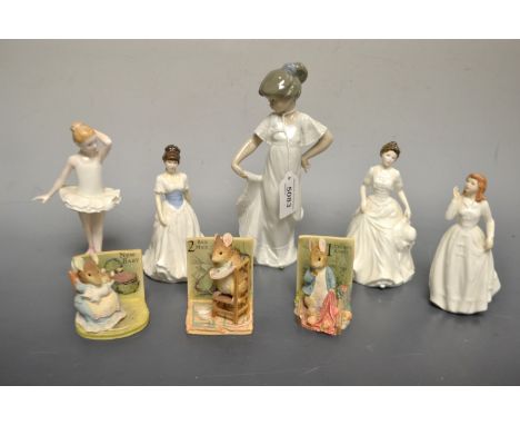 A Royal Doulton figure, Little Ballerina, HN3395; others, Melody, HN4117;  Harmony, HN4096; Joy, HN3875; a Nao figure of a gi