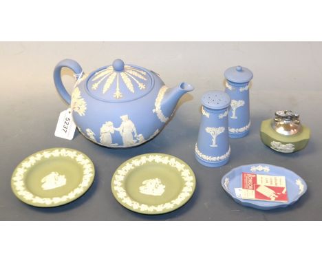 Wedgwood - a pale blue Jasper ware teapot;  salt & pepper, trinket dishes etc (7)