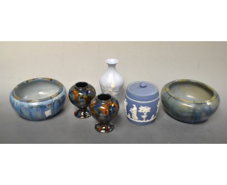 A pair of Denby bowls; a pair of Denby Majolica vases; a Copeland Spode vase; a Wedgwood tobacco jar.