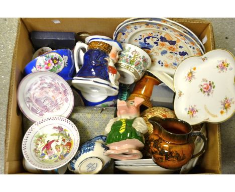 Ceramics - lustre vase; Toby jug; Spode meat plate; two Russian blue ground bowls; Sunderland lustre; Royal Crown Derby Posie