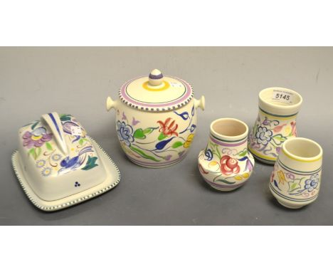 Poole Pottery - a biscuit barrel, a butter dish and cover;  vase etc, all decorated with flowers (5)