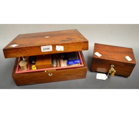A Victorian rosewood work box,fitted,key .c.1870 ; a Victorian mahogany tea caddy,key,c.1870 (2)
