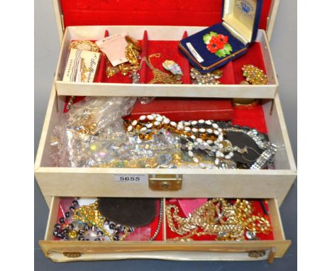 Costume Jewellery - neckaces, brooches, some set with glass beads, ceramic floral brooch, qty in a jewellery box