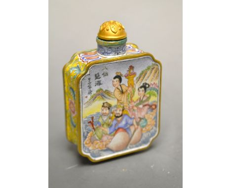 A Cantonese enamel snuff bottle, shaped rectangular panels decorated with elders and deities, four character signature to bas