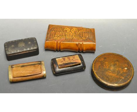 A 19th century papier mache circular snuff box, the push-on cover applied with a tavern snuff-taking scene, 8.7cm diam; a 20t