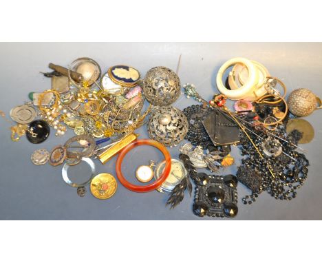 Jewellery- agate bangle, brooches, stick pins, hat pins, watch holder, french jet, silver, etc (2)