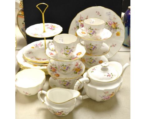 A Royal Crown Derby posies pattern six setting tea service, inc Teapot, milk, sugar, two tier cake stand, cups, saucers side 