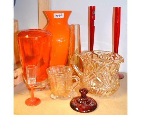 Glassware - an heavy orange glass vase, clear base, 20cm high;  a pair of Whitefriars ruby glass specimen vases;  etc 