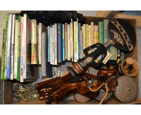 Boxes and Objects - A set of graduated copper storage jars; treen tribal art; a model of a Harley Davidson bike; horse brasse