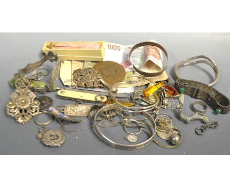 Jewellery- foreign bank notes, silver, bracelets, fob, medals, Art Deco medal, stick pin, etc