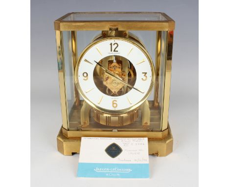 A Jaeger-LeCoultre Atmos mantel timepiece, the gilt brass perpetual movement numbered '370515', the signed white chapter ring