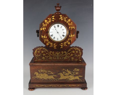 A Victorian rosewood and brass inlaid mantel timepiece, the Empire movement with platform escapement, the circular enamelled 