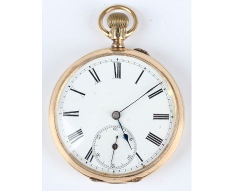 A gold cased keyless wind open-faced gentleman's pocket watch with unsigned jewelled movement, the enamelled dial with black 