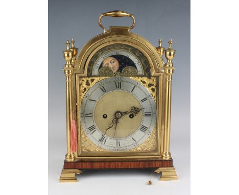 An early 20th century gilt lacquered brass and mahogany cased calendar bracket clock, the brass four pillar twin fusee moveme