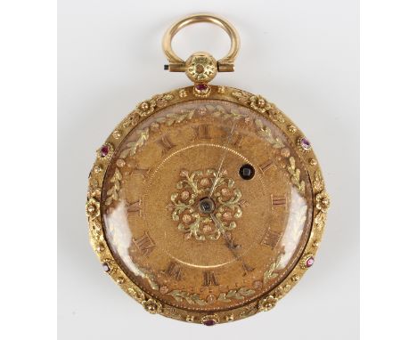A two colour gold and ruby set keywind open-faced lady's fob watch, circa 1830, the gilt fusee movement detailed 'Blondeau au