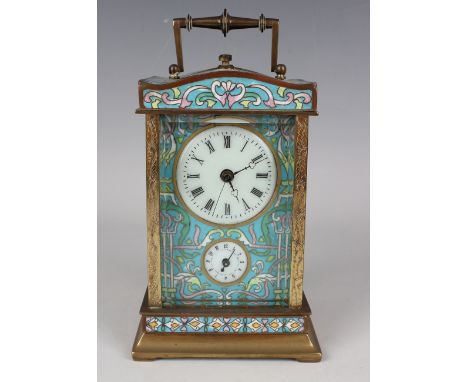 A 20th century Chinese cloisonné and brass cased carriage alarm clock, the movement striking hours and half hours and repeati