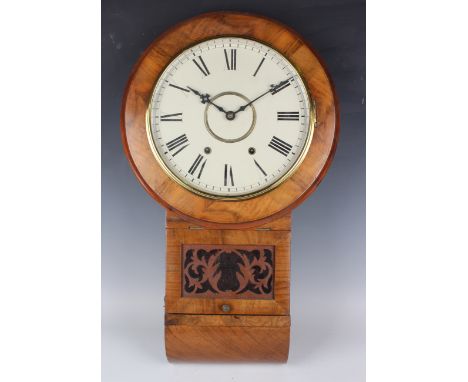 A late 19th century American walnut drop dial wall clock with eight day movement striking on a bell, the 12-inch painted circ