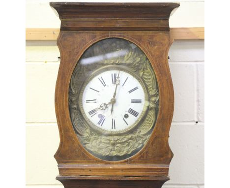 A 19th century French painted pine Morbier or Comtoise longcase clock with two train weight driven movement striking on a bel