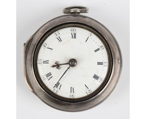 A George III silver pair cased keywind open-faced gentleman's pocket watch, the gilt fusee movement with verge escapement, th