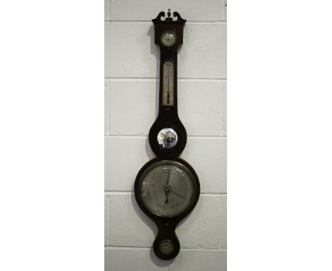 A George III mahogany wheel barometer with silvered dials, hygrometer, alcohol thermometer, convex mirror and bubble level, i