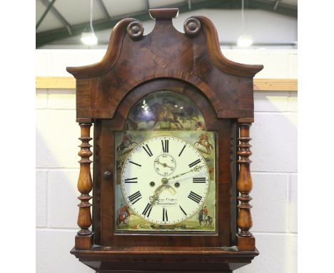 A Victorian mahogany longcase clock with eight day movement striking hours on a bell, the 13-inch painted breakarch dial with