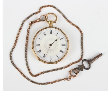 An 18ct gold keywind open-faced fob watch with unsigned jewelled gilt movement, the enamelled dial with black Roman hour nume