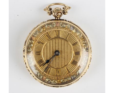 A George IV gold cased keywind open-faced gentleman's pocket watch with unsigned gilt fusee movement and gilt metal dust cove