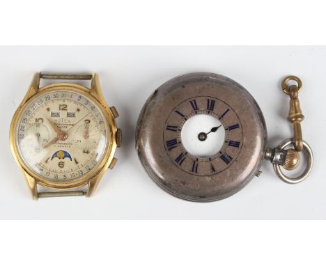 A Butex gilt metal fronted and steel backed gentleman's calendar chronograph wristwatch, the signed dial with Arabic numerals