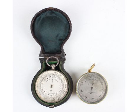 A late 19th century gilt lacquered brass cased pocket barometer, thermometer and compass, the silvered barometer dial detaile