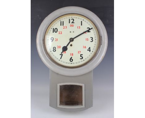 An early 20th century and later grey painted drop dial railway clock with brass eight day single fusee movement, the 14-inch 
