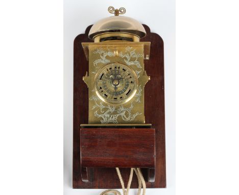 A mid to late 19th century Japanese engraved brass kake-dokei lantern timepiece with alarm, the two train weight driven movem