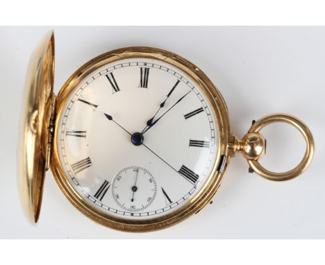 An 18ct gold keywind half hunting cased gentleman's chronograph pocket watch with unsigned jewelled movement, the enamelled d