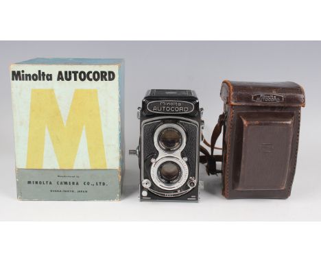 A Minolta Autocord twin lens reflex camera, No. 360918, with View Rokkor 1:3.2 f=75mm and Rokkor 1:3.5 f=75mm lenses, with le