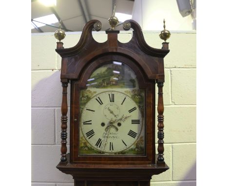 A George III oak and mahogany crossbanded longcase clock with eight day movement striking on a bell, the painted breakarch di