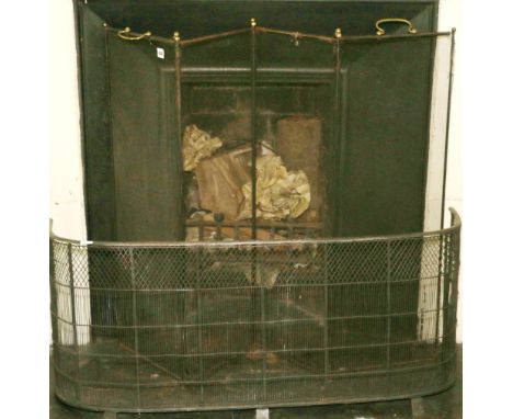 Victorian brass handled four fold mesh fire screen and a wire mesh bowfront fire guard (2)
