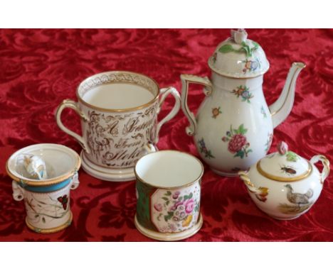 Copenhagen sucrier and cover with bird and insect decoration, a Herend jug, two 19th century mugs, one with inscription dated